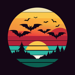 Halloween Sunset with Bats and Moon T-Shirt Design
