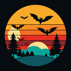 Halloween Sunset with Bats and Moon T-Shirt Design