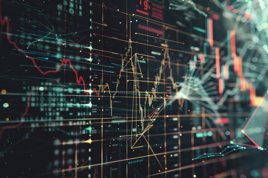 computer screen with lot of daton it, geometric pattern representing the mathematical formulas used in stock market analysis - Powered by Adobe
