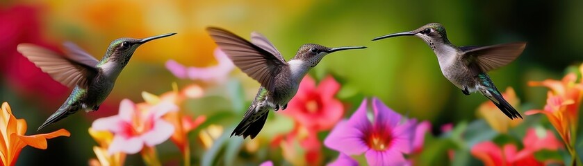Naklejka premium Three hummingbirds flit around vibrant flowers in a colorful garden, capturing the essence of nature's beauty and grace.