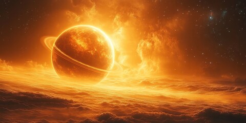 Obraz premium Fiery Planet with Rings and Clouds in a Starry Sky