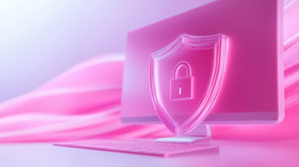 A computer monitor with a pink background and a pink shield with a keypad on it
