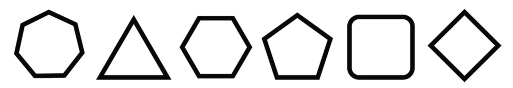 Geometric figures with rounded corners line art. Triangle, square or squircle, pentagon, hexagon and octagon shapes isolated on white background. Vector graphic illustration.