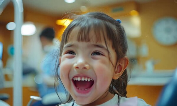 Young girl smiling with mouth open while holding a dental tool.