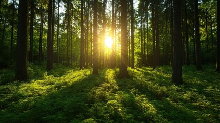 Obraz premium A serene forest scene with sunlight streaming through tall trees, casting soft shadows on the lush green undergrowth.