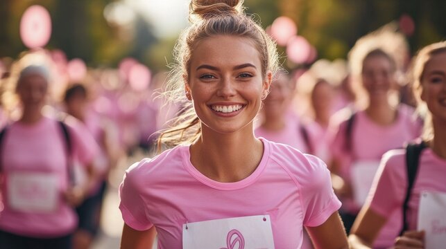 A woman wearing a pink shirt and a pink ribbon is smiling as she runs