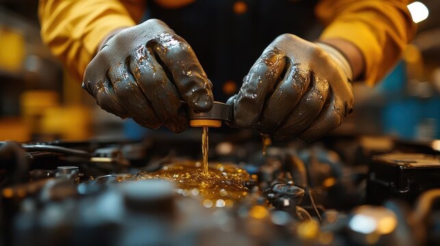 closeup of mechanics hands working on car engine gritty oilstained details highlight technical expertise warm lighting emphasizes focused craftsmanship