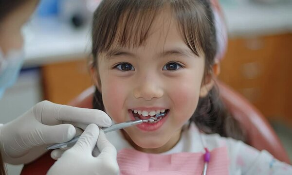 Young girl with big smile sits in dentist chair, getting teeth checked