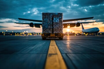 A cargo container awaits loading on the runway, with an airplane silhouetted against a stunning sunset sky.
