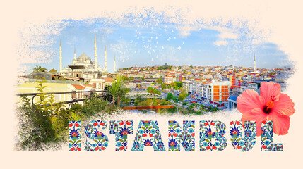 Fototapeta premium Art collage or design about Istanbul at Turkey - travel and nature background - Street view in Sultanahmet. This is the most popular tourist place in Istanbul.