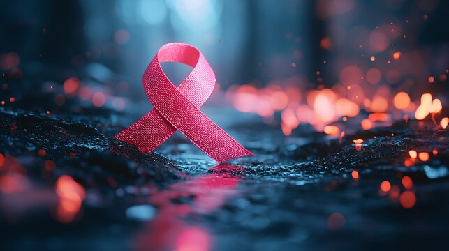 Awareness campaign materials, cancer ribbon, supportive message, close-up