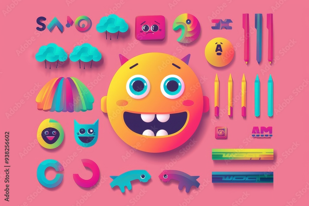Aufkleber set of colorful objects including smiley face, graphic designer creates custom emojis with vector graphics