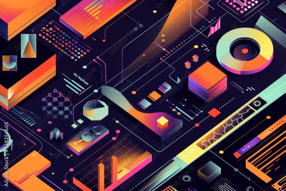 Poster bunch of different colored objects on black background, graphic designer crafts an eye catching infographic using vector graphics