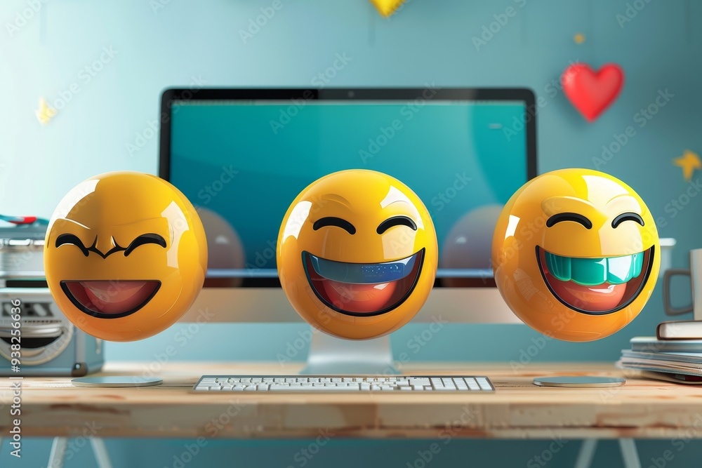 Aufkleber three smiley faces are sitting on desk, graphic designer creates custom emojis with vector graphics