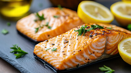 Grilled salmon fillets garnished with herbs and lemon slices on dark background, perfect for healthy eating concepts and culinary presentations.