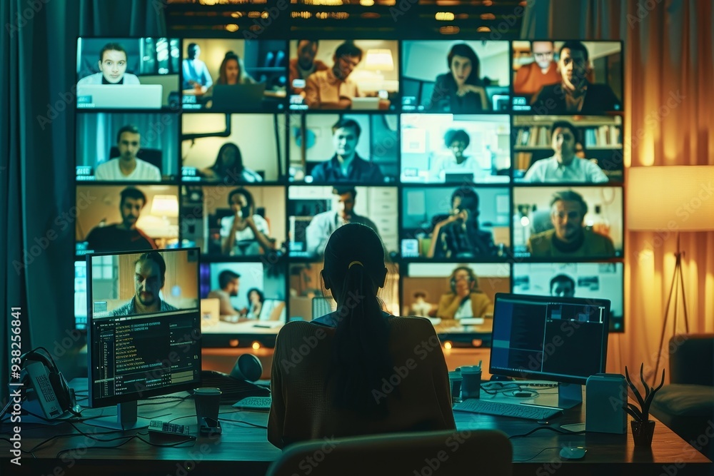 Aufkleber woman sitting at desk in front of large screen, grid of computer screens, each showing different person participating in an online meeting