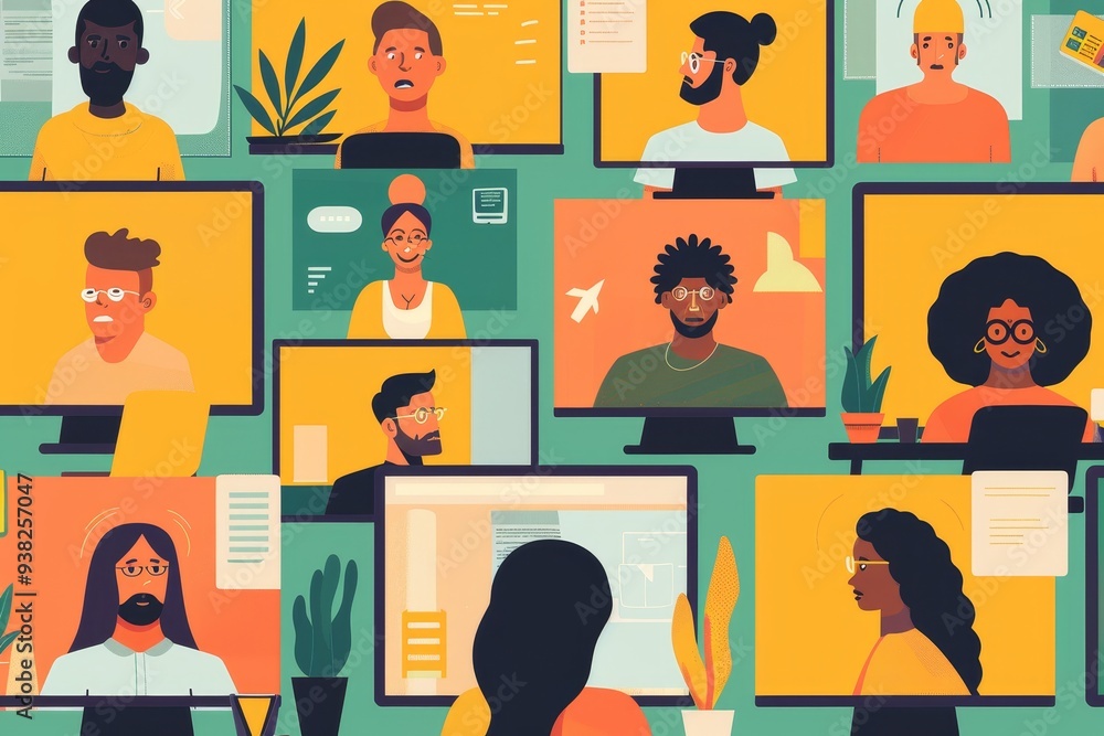 Poster woman sitting at desk in front of large screen, grid of computer screens, each showing different per