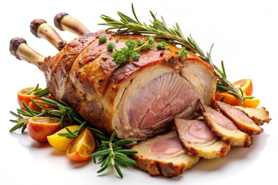 Lechazo Asado (Roast Lamb) - A succulent roasted leg of lamb, beautifully browned and glazed, is presented on a platter with rosemary sprigs, roasted potatoes, and cherry tomatoes.