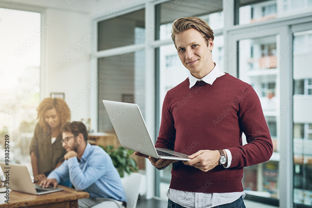 Poster design, laptop and portrait of man in web development office for creative project management. comput