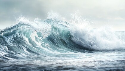 Powerful ocean wave crashing in the sea with white foam and blue water.