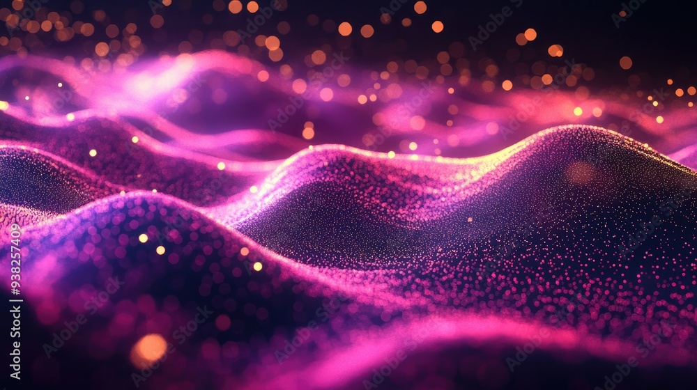 Poster a stunning abstract digital background with waves of glowing pink particles, creating a futuristic a