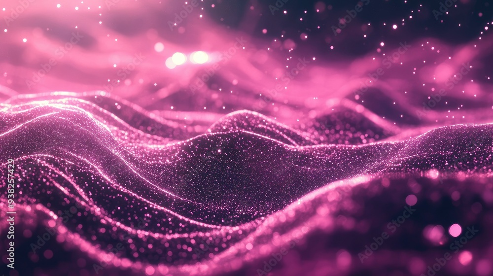 Poster a stunning abstract digital background with waves of glowing pink particles, creating a futuristic a