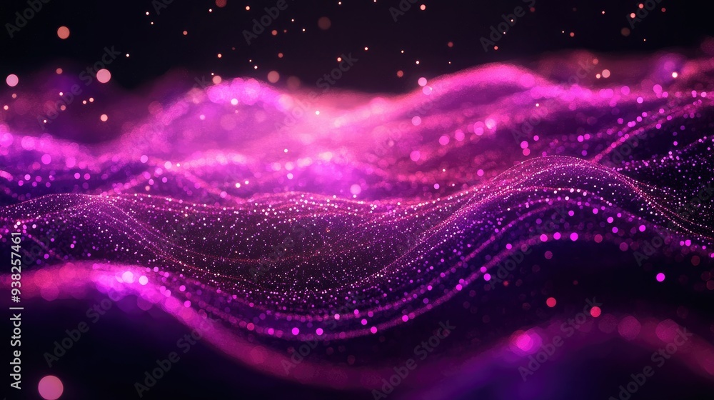Poster a stunning abstract digital background with waves of glowing pink particles, creating a futuristic a