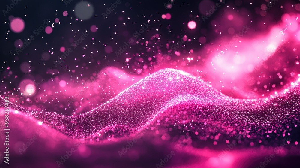 Poster a stunning abstract digital background with waves of glowing pink particles, creating a futuristic a