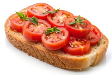 A close-up of a slice of toasted bread topped with fresh, sliced tomatoes and basil leaves. The vibrant red tomatoes and green basil create a visually appealing contrast, while the toasted bread provi