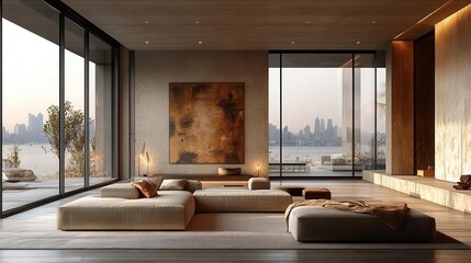 Fototapeta premium contemporary living room with clean lines and neutral palette floortoceiling windows frame a stunning cityscape while minimalist furniture and abstract art create a sophisticated ambiance