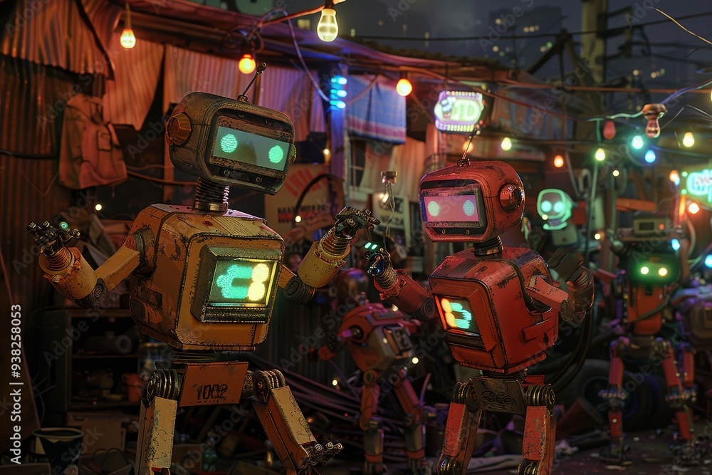 Poster group of robots standing in room, group of robots having dance party in disco themed junkyard