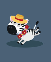 Cute Illustration with Zebra and Flowers Decoration, Hat
