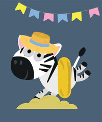 Cute Weekend Illustration with Zebra and Swimming Pool Balloon ,Hat, Decoration