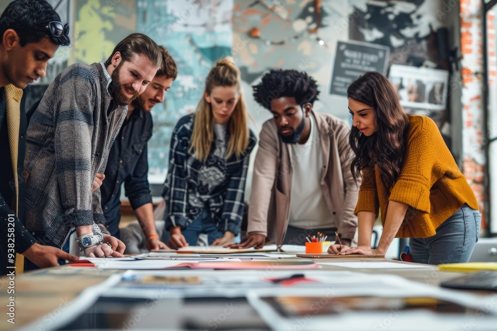 Poster group of people looking at table with project, group of team members with varying skill sets collabo