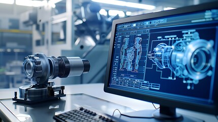 Fototapeta premium Mechanical engineering design software displayed on a computer screen, showing detailed technical schematics and 3D models