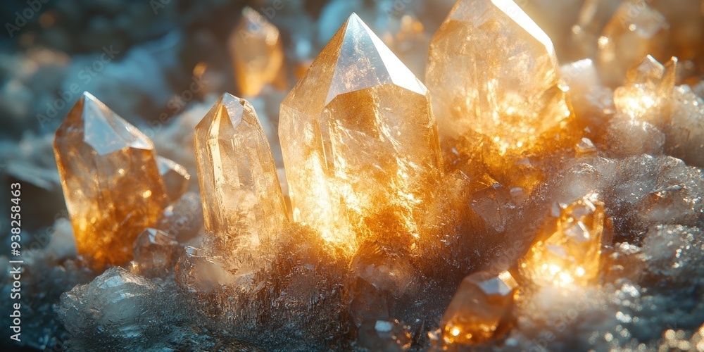 Poster Close-up of Golden Crystals with Sunlight Filtering Through