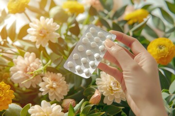 Hand Holding Blister Pack of Birth Control Pills against a Floral Background - Health, Wellness, and Nature Concept for Stock Photography