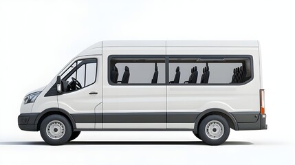 A detailed photo of a white minibus isolated on a white background.