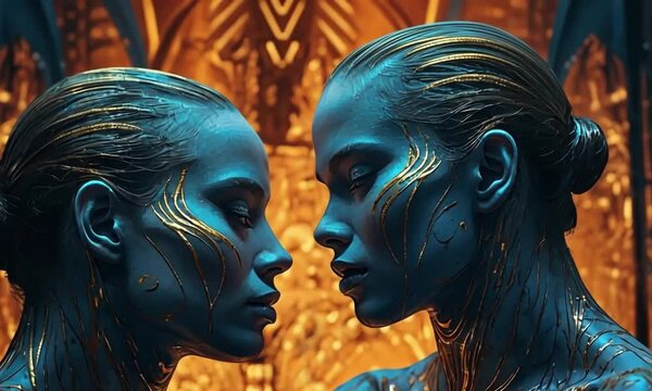 Gemini horror vibes depicted in a mesmerizing painting with intricate details and striking colors, exuding eerie elegance.