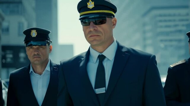 Uniformed security guards strolling through a modern urban environment