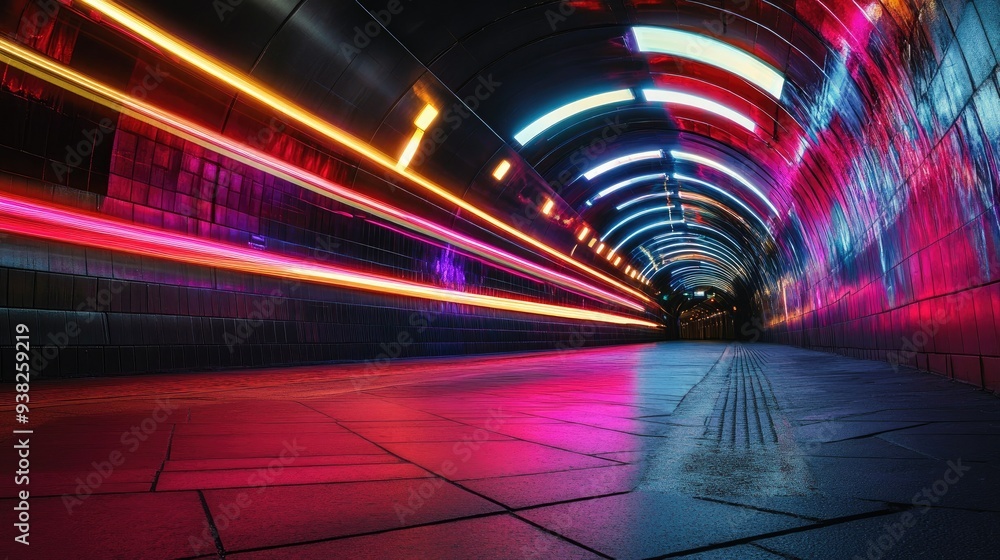 Poster a vibrant tunnel scene filled with dynamic light streaks, creating a sense of motion and energy.