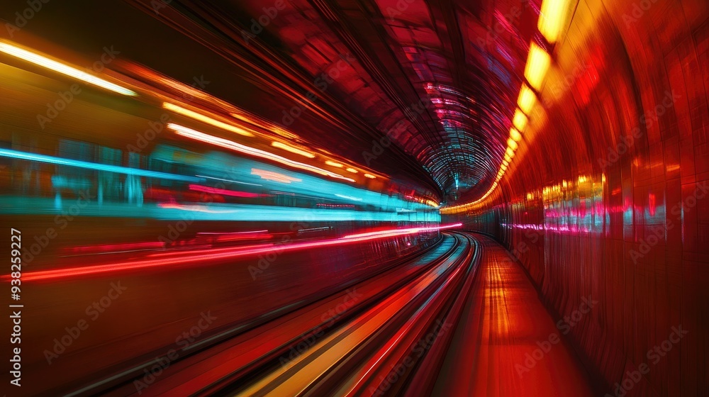 Poster a vibrant tunnel scene filled with dynamic light streaks, creating a sense of motion and energy.