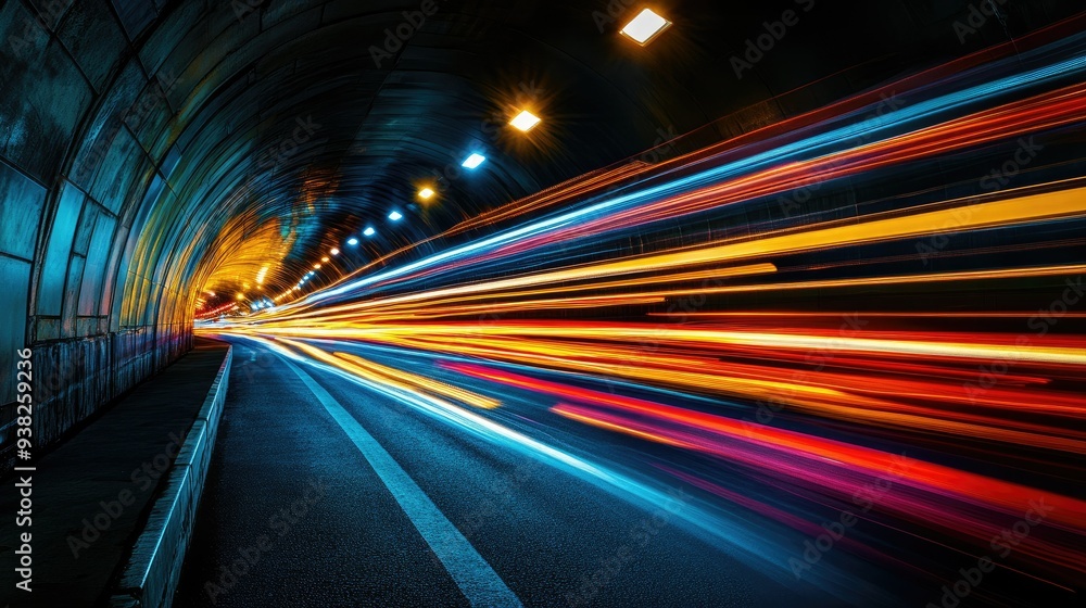 Poster a vibrant tunnel scene filled with dynamic light streaks, creating a sense of motion and energy.