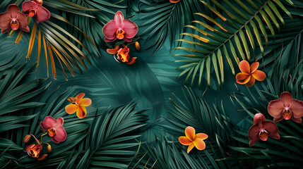 Naklejka premium Vibrant Arrangement of Overlapping Palm Leaves and Exotic Orchids on Tropical Background