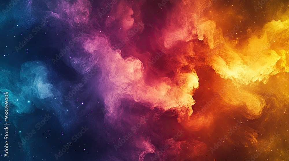 Poster a vivid explosion of color with swirling smoke and mist, creating an entrancing and energetic visual