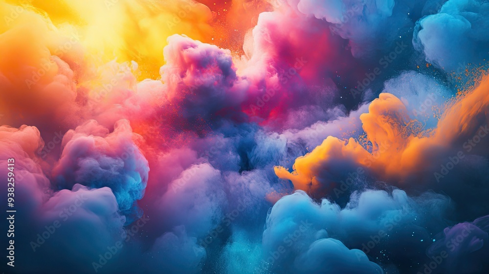Poster a vivid explosion of color with swirling smoke and mist, creating an entrancing and energetic visual