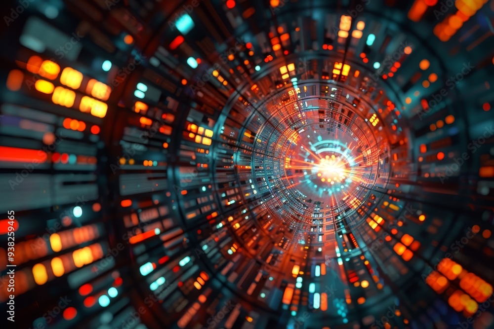 Poster circular image of bright light, kaleidoscope of numbers and charts representing market data