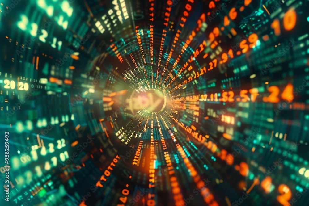 Poster circular image of bright light, kaleidoscope of numbers and charts representing market data