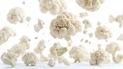 Fresh, white cauliflower florets levitating in mid-air against a white background.