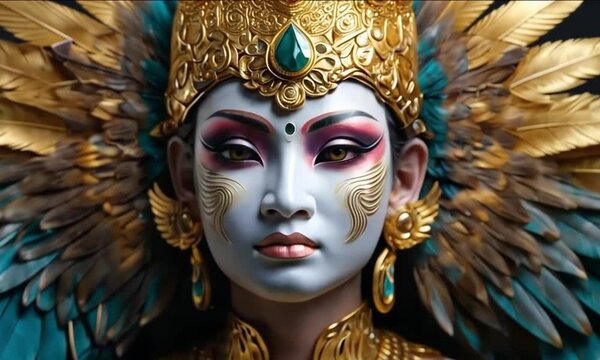 A majestic garuda, a mythical creature resembling a bird of prey with the head and wings of an eagle and the body of a human, is depicted in exquisite detail.
